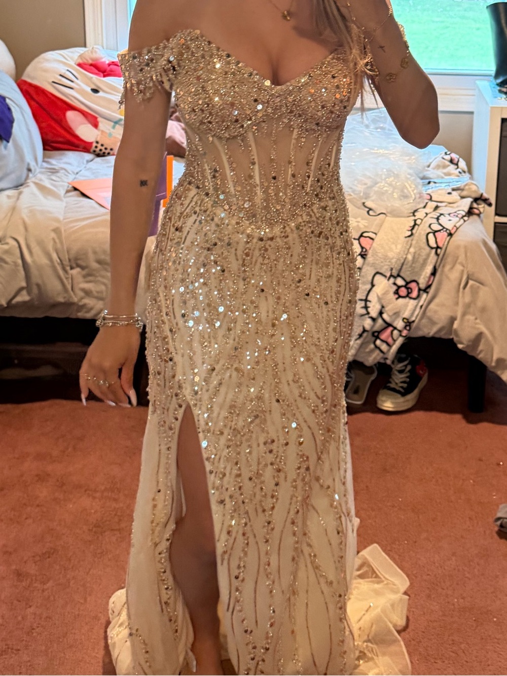 PromGirl Champagne Beaded Off-Shoulder Sequin Gown